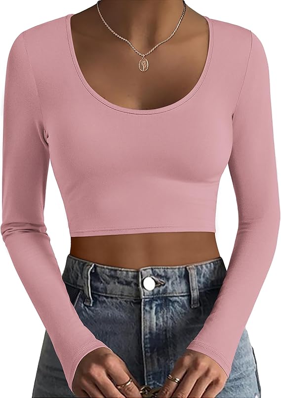 Ekouaer Long Sleeve Crop Tops for Women Scroop Neck Lightweight Basic Base Layer Thermal Undershirts Shirts