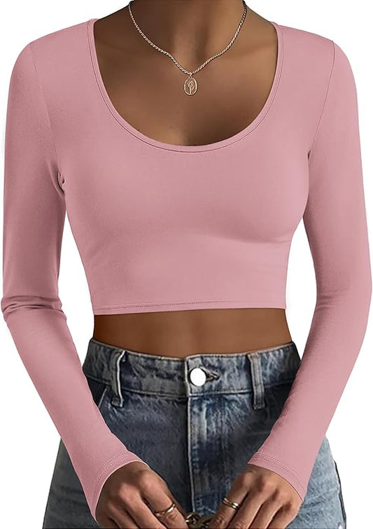 Ekouaer Long Sleeve Crop Tops for Women Scroop Neck Lightweight Basic Base Layer Thermal Undershirts Shirts