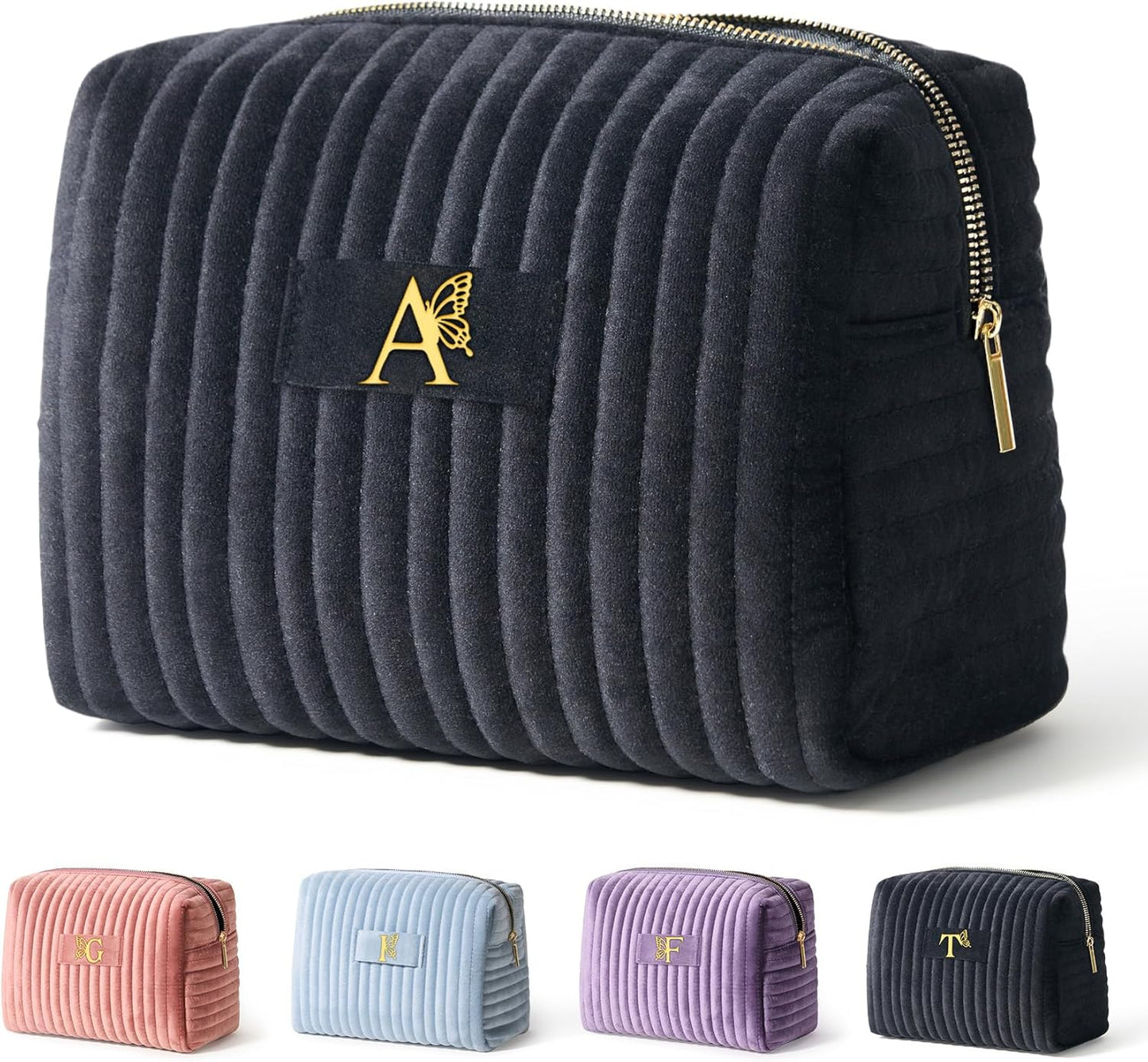 COSHAYSOO Purple Initial Makeup Bag Girly Gifts for Women Teen Girl Unique Personalized Boo Burr Basket Stuffers Halloween Christmas Presents Gift Ideas, Monogram Quilted Cosmetic Bags Travel Letter A
