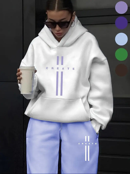 Women'S Fashion Casual Letter Pattern Print Suit Women'S Autumn And Winter High-End Fashionable Street-Style Age-Reducing Plus Velvet Hooded Sweatshirt Casual Pants Two-Piece Suit Casual Versatile Hooded Suit Women'S Clothing Women'S Suit Gift Choice