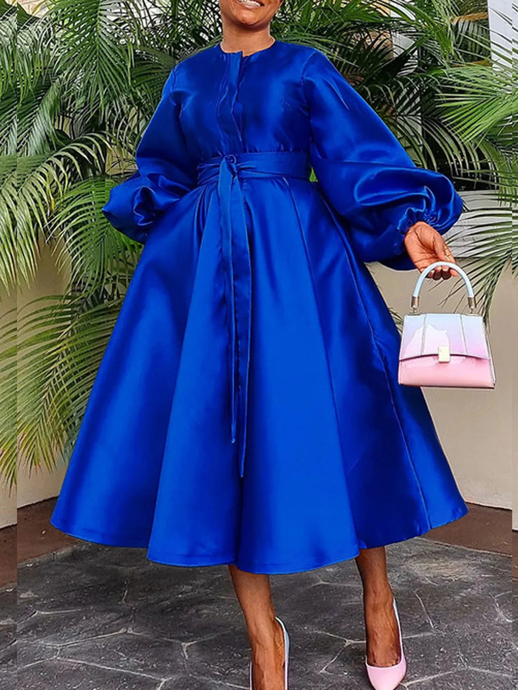 Satin A-line Skirt, Women's Solid Color Lantern Sleeve Tie-Waist A-line Dress