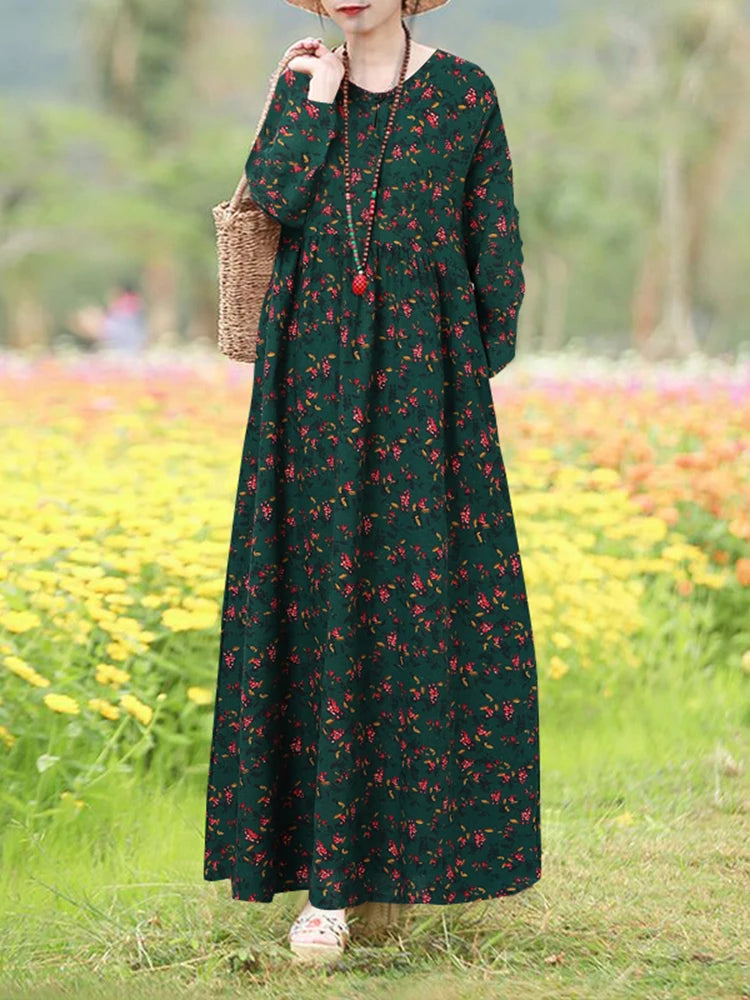 Vintage Floral Dress Woman 2025 ZANZEA Autumn Bohemian Long Dresses Casual Long Sleeve Maxi Vestidos Loose Robe Femme Oversize