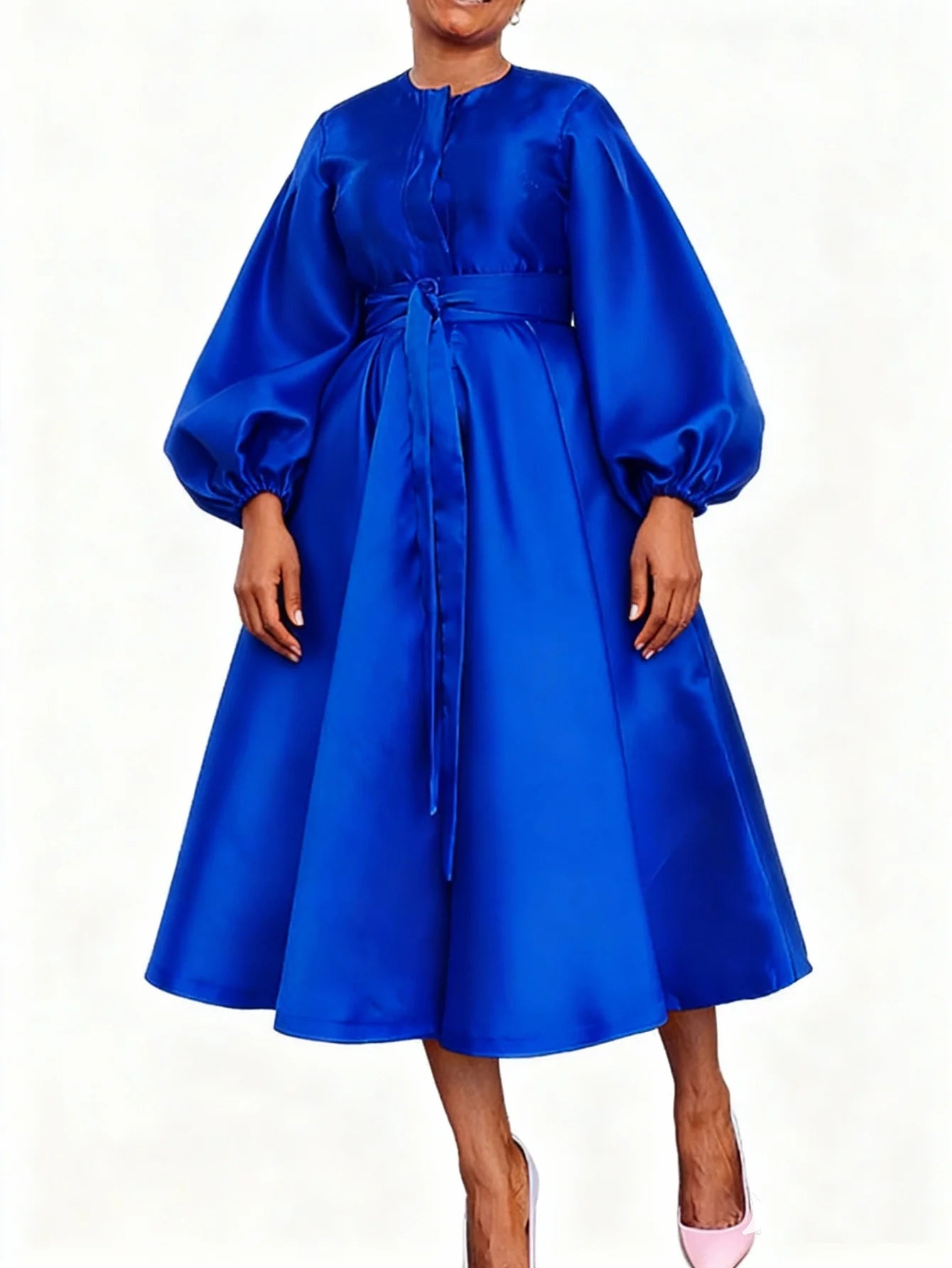 Satin A-line Skirt, Women's Solid Color Lantern Sleeve Tie-Waist A-line Dress