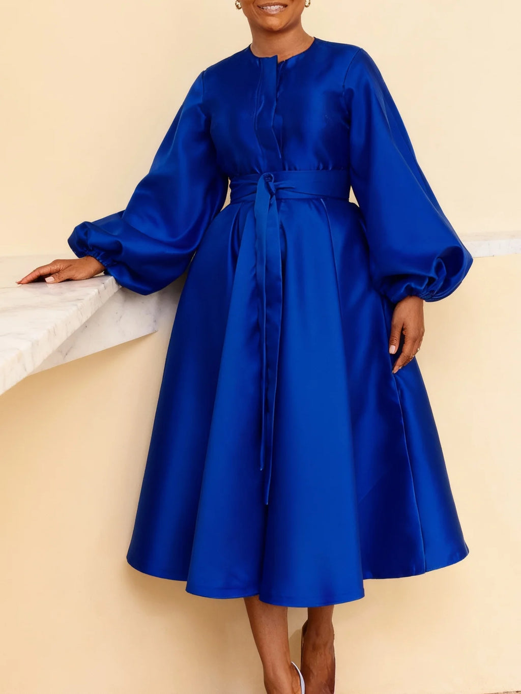 Satin A-line Skirt, Women's Solid Color Lantern Sleeve Tie-Waist A-line Dress