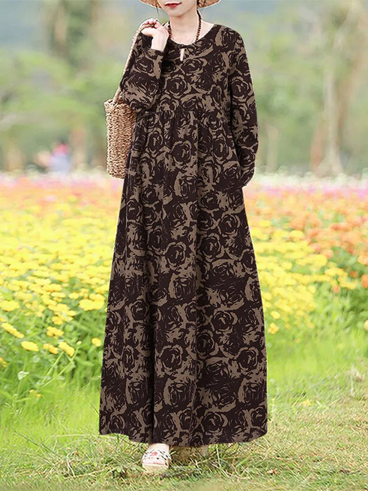 Vintage Floral Dress Woman 2025 ZANZEA Autumn Bohemian Long Dresses Casual Long Sleeve Maxi Vestidos Loose Robe Femme Oversize