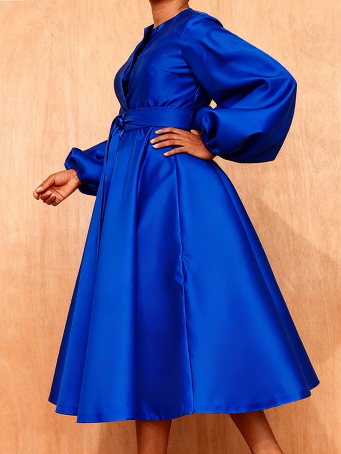 Satin A-line Skirt, Women's Solid Color Lantern Sleeve Tie-Waist A-line Dress