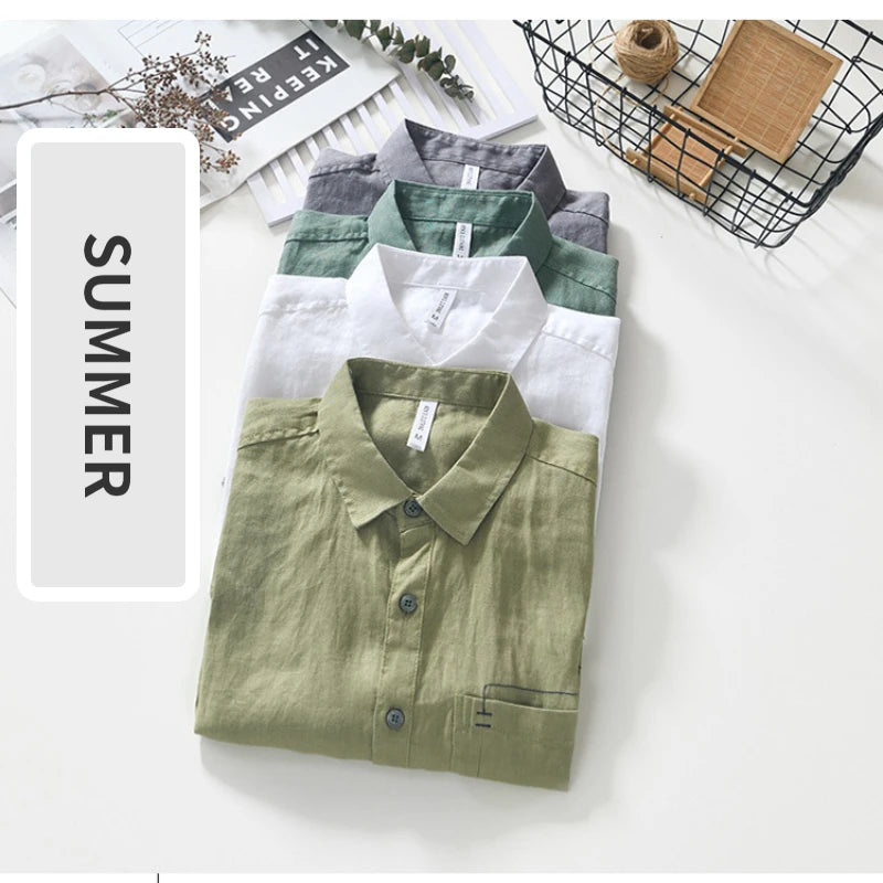 Summer New Casual Cargo Short Sleeve Shirts for Men Pure Linen Simple Slim Thin Men Clothing BL993