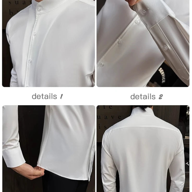 2025 Spring New Chinese Style High End Stand Up Collar Shirt Men's Long Sleeve Elastic Slimming Top Social Dress Shirt