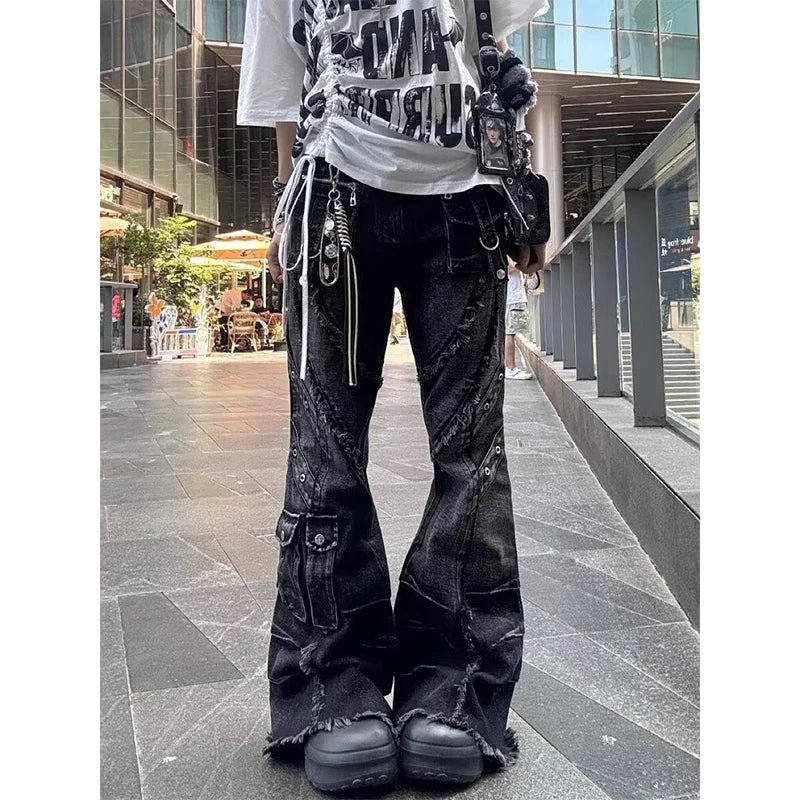 Women's Y2k Baggy Flare Jeans Harajuku Japanese 2000s Style Patchwork Denim Trouser Vintage Oversize Cargo Jeans Pants Clothes