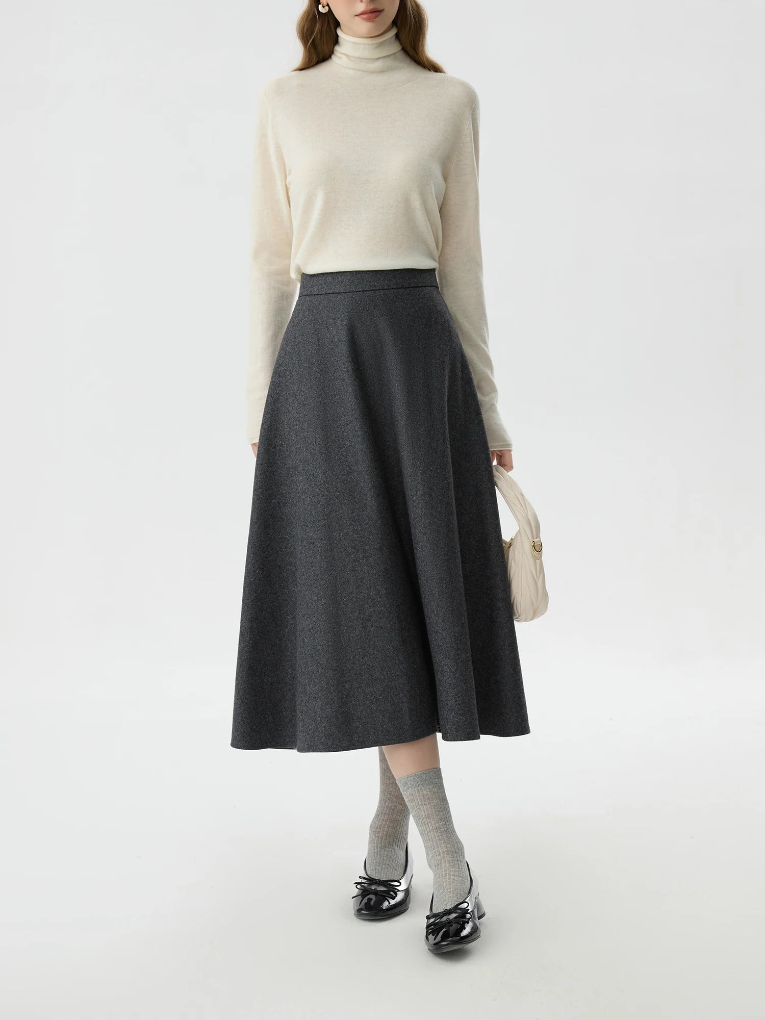 FSLE Office Lady Wool High Waisted A-line Skirt for Women Thickened Medium Length 2024 Winter New Women Casual Skirts 24FS14642