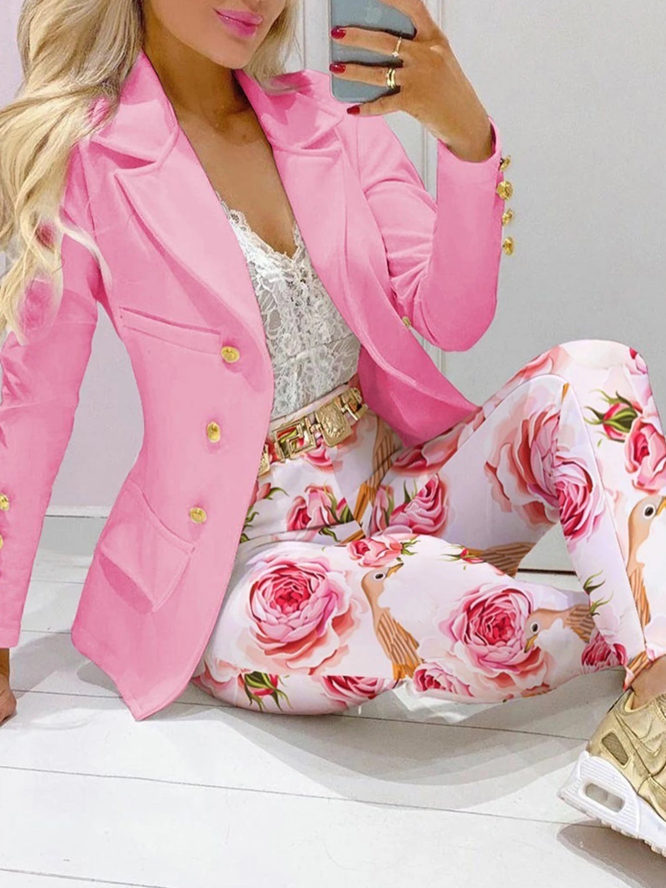 Women's Business and Leisure Two-Piece Suit Set, Solid Color Long-Sleeved Double-Breasted Suit Jacket and Floral Printed High-Waisted Skirt