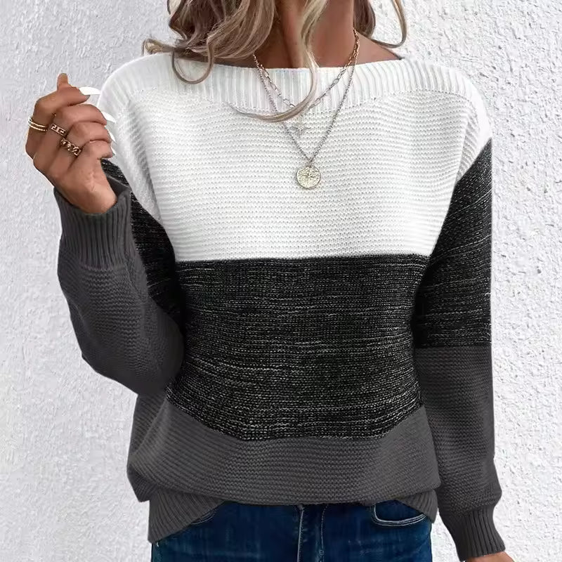 Women's Contrast Color Long Sleeve Round Neck Sweaters Female Stitching 2025 Fall Jumpers Lady Casual Warm Comfortable Pullover Women’s Contrast Color Long Sleeve Round Neck Sweater | Trendy Knitwear USA & Worldwide