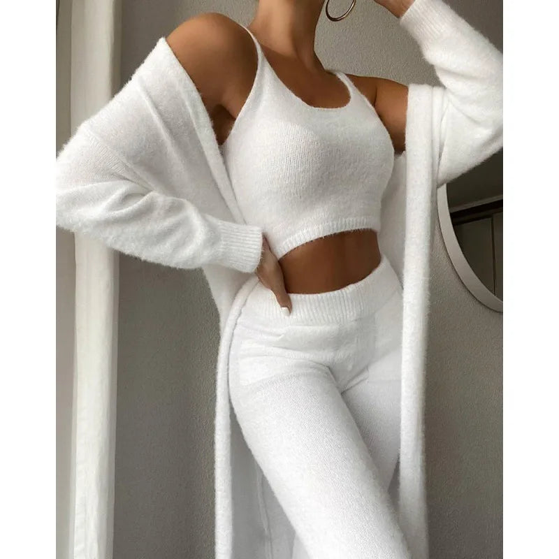 Autumn And Winter Knitted Plush Comfortable Women's Suit Sexy V-neck Short Crop Top Cardigan Sweater Trousers Three-piece Set