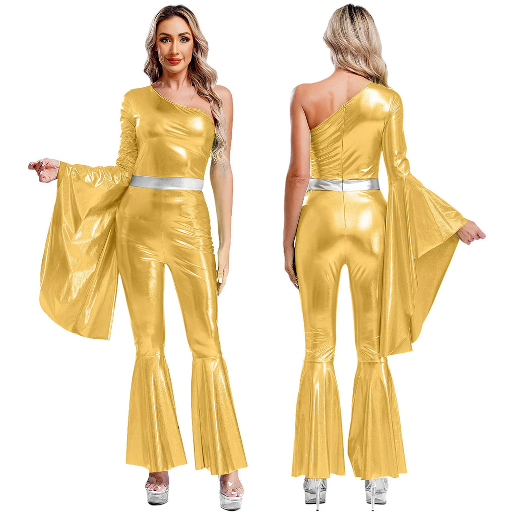 Womens 70S Disco Vintage Jumpsuit Metallic Shiny Flare Sleeve Bodysuit Hippie Bell Bottom Jazz Dance Carnival Rave Party Costume