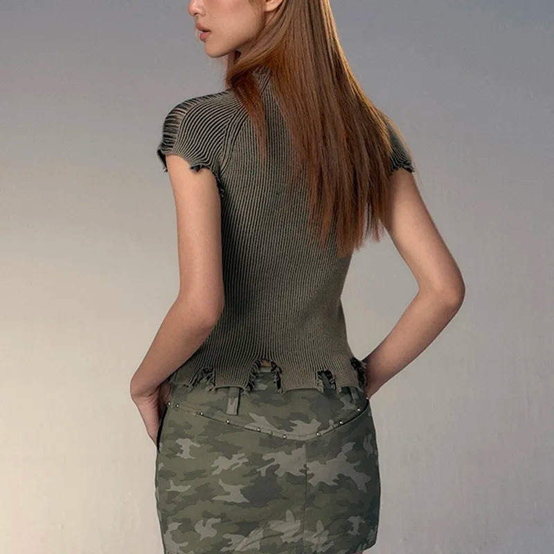 Karrcat Grunge Aesthetics Knitted Top Vintage Distressed T-shirt Punk Broken Crop Top Harajuku Slim Ribbed Tshirt Y2k Streetwear