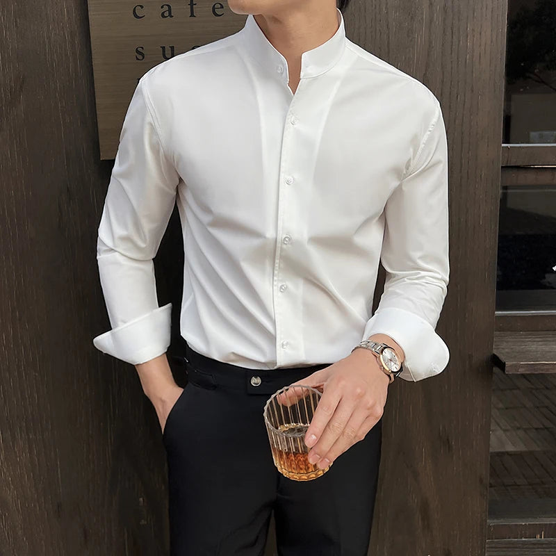 2025 Spring New Chinese Style High End Stand Up Collar Shirt Men's Long Sleeve Elastic Slimming Top Social Dress Shirt