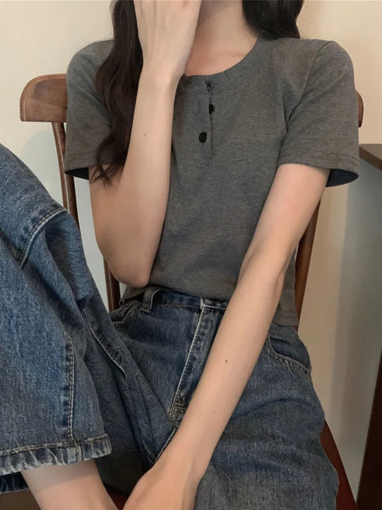 women t-shirt open button short Sleeve Crop Top Ladies Clothing 2024 Solid Basic T Shirt Casual Skinny White Slim Female Tops