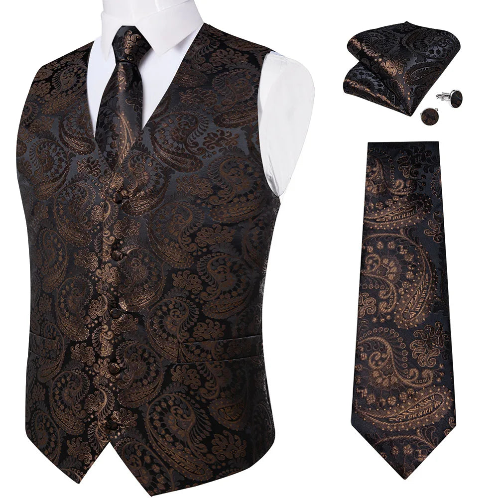 Fashion Light Blue Paisley Silk Vests for Men with Tie Handkerchief Cufflinks Business Wedding Party Waistcoat Tuxedo Vest