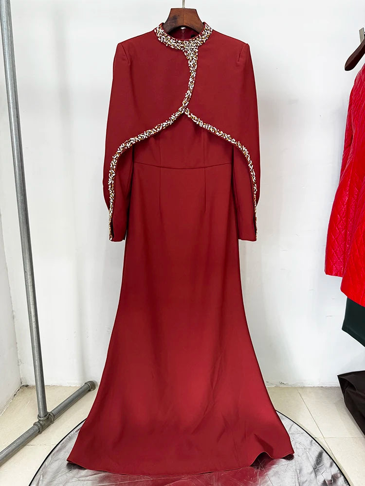 HIGH STREET Newest 2025 Designer Vestido Women's Diamonds Beaded Cape Sleeve Floor Length Maxi Long Dress