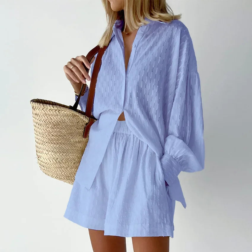 Women Jacquard Puff Sleeves Two Piece Sets for Summer Fashion Loose Shorts and Long Sleeved Shirt Outfits