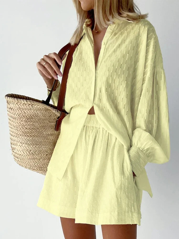 Women Jacquard Puff Sleeves Two Piece Sets for Summer Fashion Loose Shorts and Long Sleeved Shirt Outfits