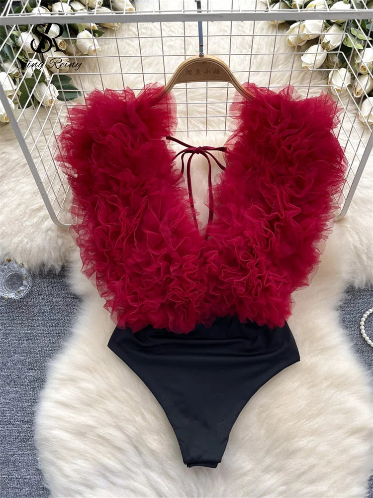 SINGREINY Sexy 3D Flowers Spliced Sheath Bodysuits Club Lace Up V Neck Playsuits Fashion Streetwear Backless Sensual Rompers