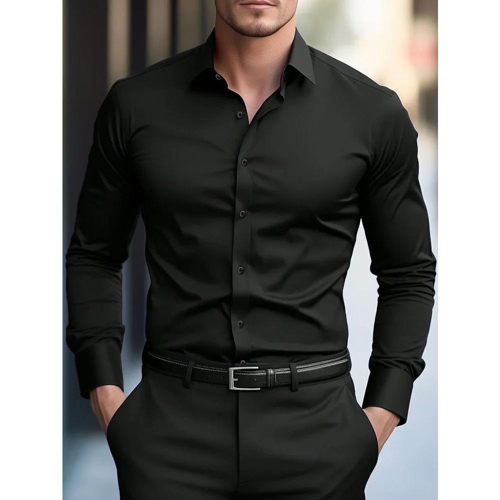 FGKKS Men Casual White Shirt Brand Fashion Solid Color Long Sleeve Elastic Fabric Male Business Dress Shirt