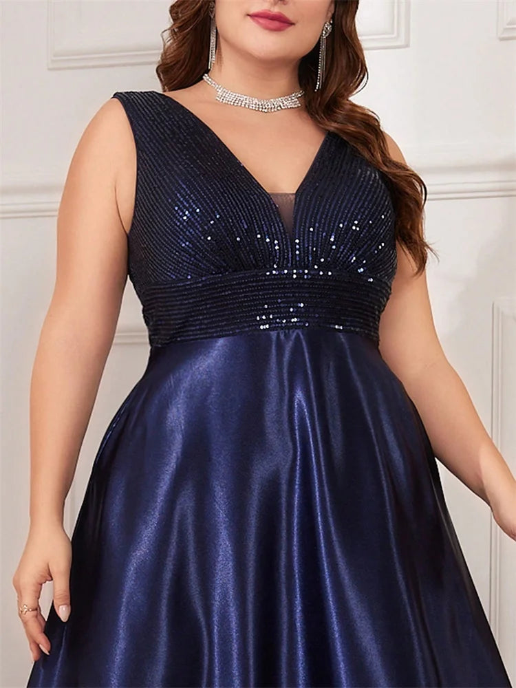 Plus Size Elegant Sequins Evening Dress For Women 2025 Deep V-neck Satin Prom Party Dress Floor Length Formal Bridesmaid Gowns