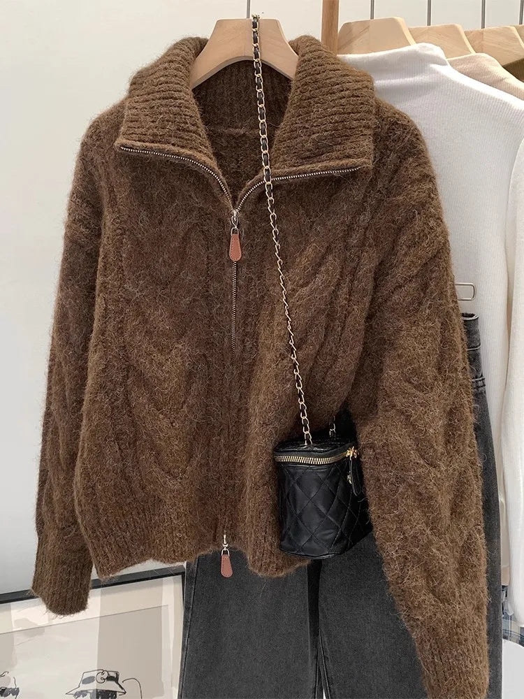 Retro Solid Double Zipper Turn-down Collar Sweater Women Autumn Winter New Lazy Style Loose Knitted Cardigan Thicken Loose Tops