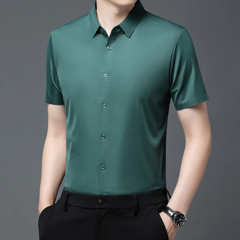 Men's Ultra Stretch Short Sleeve Shirt Business Casual  Breathable Stretchable Abrasion-Resistant Solid Color Short Sleeve Shirt