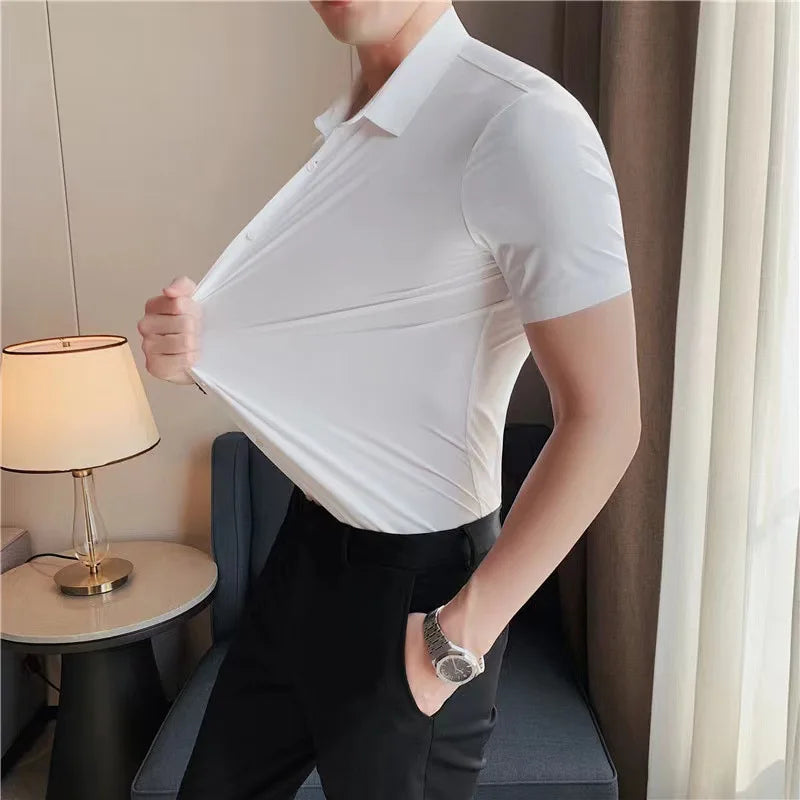 Men's Ultra Stretch Short Sleeve Shirt Business Casual  Breathable Stretchable Abrasion-Resistant Solid Color Short Sleeve Shirt