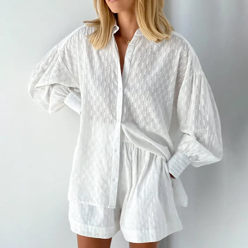 Women Jacquard Puff Sleeves Two Piece Sets for Summer Fashion Loose Shorts and Long Sleeved Shirt Outfits