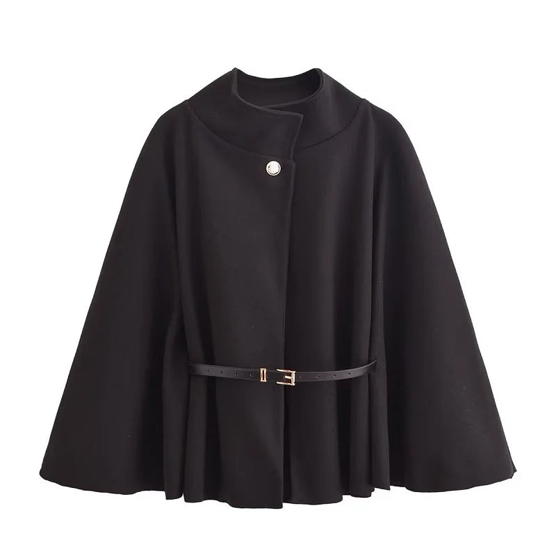 MUJER Belt Poncho Capes Women Black Cloaks Winter Coats Woman 2025 Bat Sleeve Cape Coats for Women Fashion Women's Cape Jacket