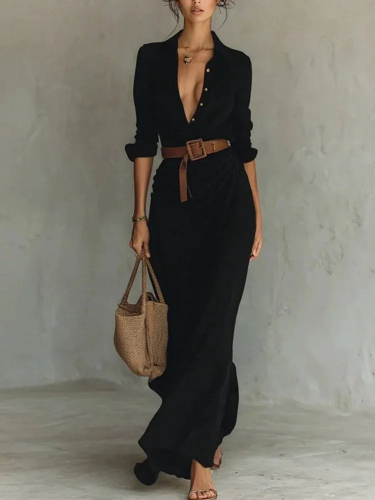 Elegant Shirt Maxi Dress with Belt Women Autumn Turn Down Collar Buttons Long Sleeve Robe Streetwear Office Ladies Dresses Black