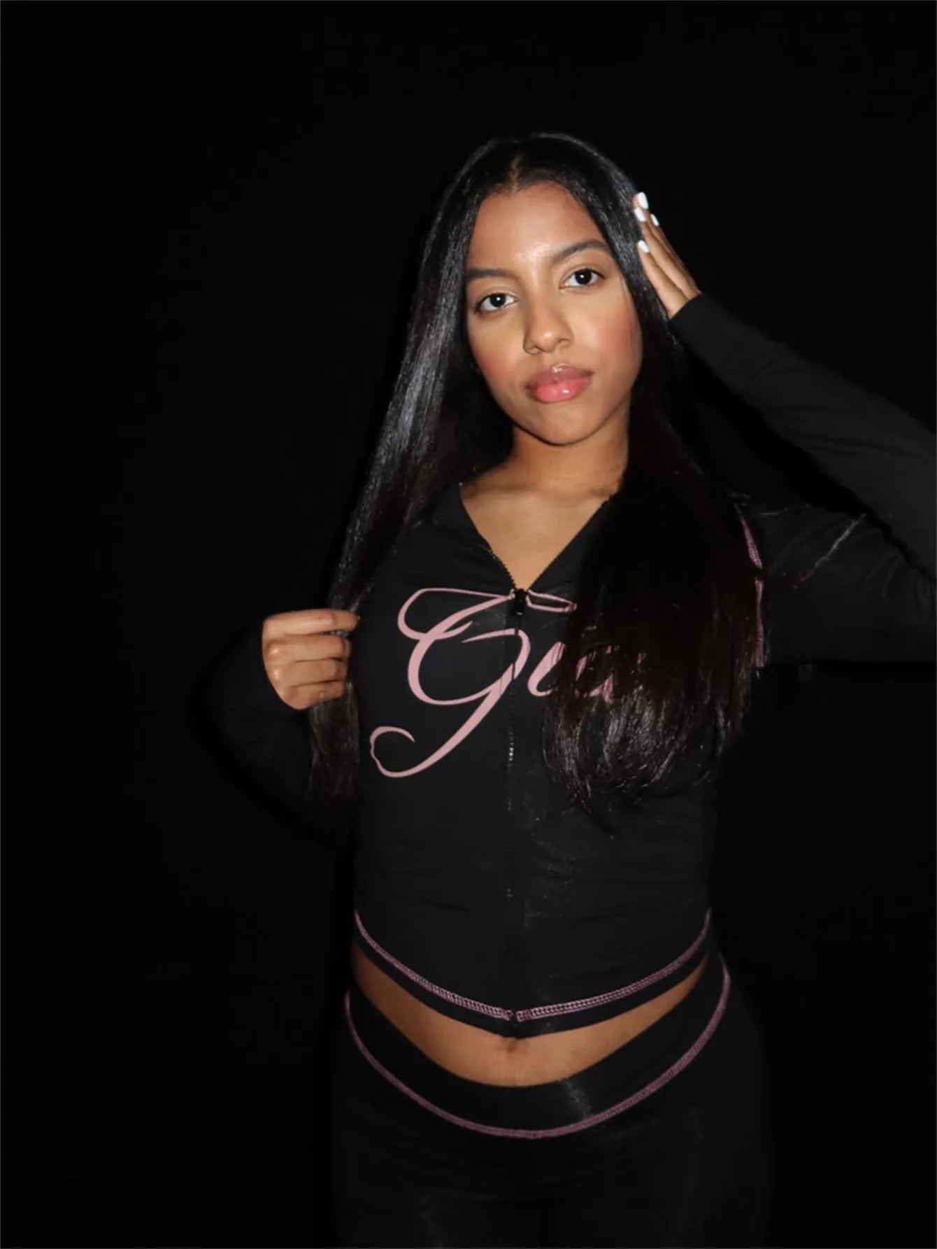 Spring And Autumn Print 2 Pieces Set Causal Street Outfits Women Y2K Fashion Long Sleeve Zip Hooded Crop Tops