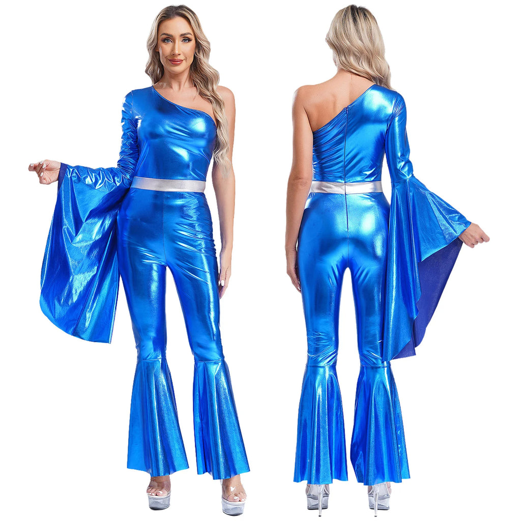 Womens 70S Disco Vintage Jumpsuit Metallic Shiny Flare Sleeve Bodysuit Hippie Bell Bottom Jazz Dance Carnival Rave Party Costume