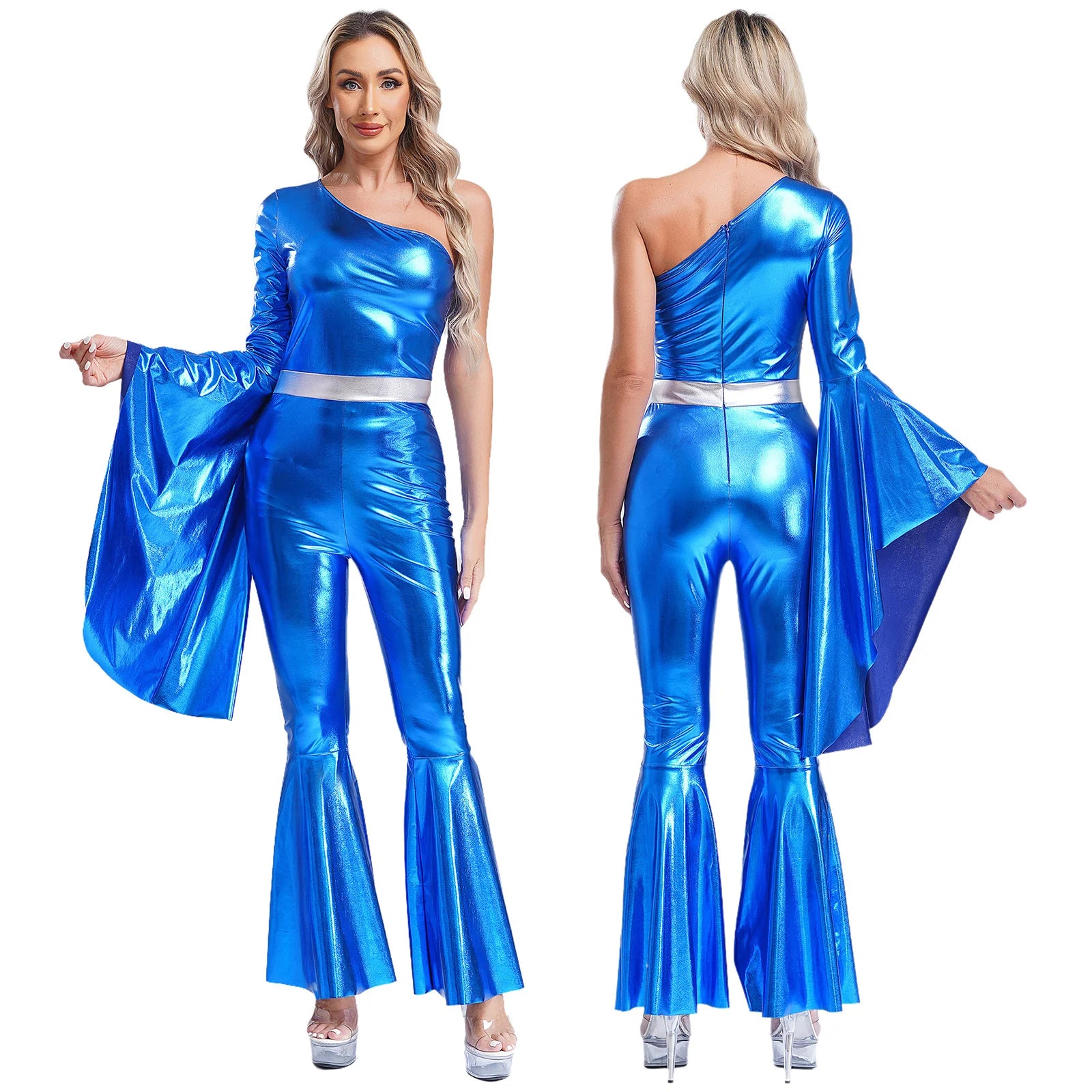 Womens 70S Disco Vintage Jumpsuit Metallic Shiny Flare Sleeve Bodysuit Hippie Bell Bottom Jazz Dance Carnival Rave Party Costume