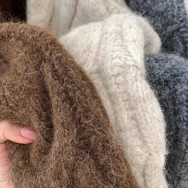 Retro Solid Double Zipper Turn-down Collar Sweater Women Autumn Winter New Lazy Style Loose Knitted Cardigan Thicken Loose Tops