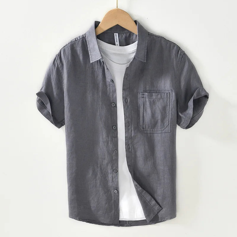 Summer New Casual Cargo Short Sleeve Shirts for Men Pure Linen Simple Slim Thin Men Clothing BL993