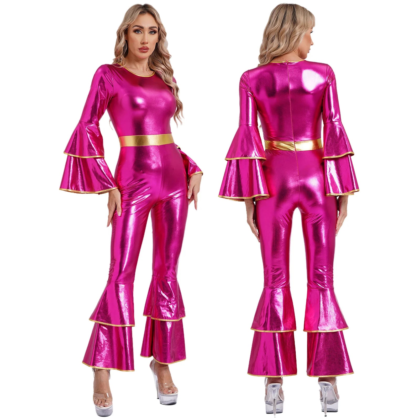 Womens 70S Disco Vintage Jumpsuit Metallic Shiny Flare Sleeve Bodysuit Hippie Bell Bottom Jazz Dance Carnival Rave Party Costume
