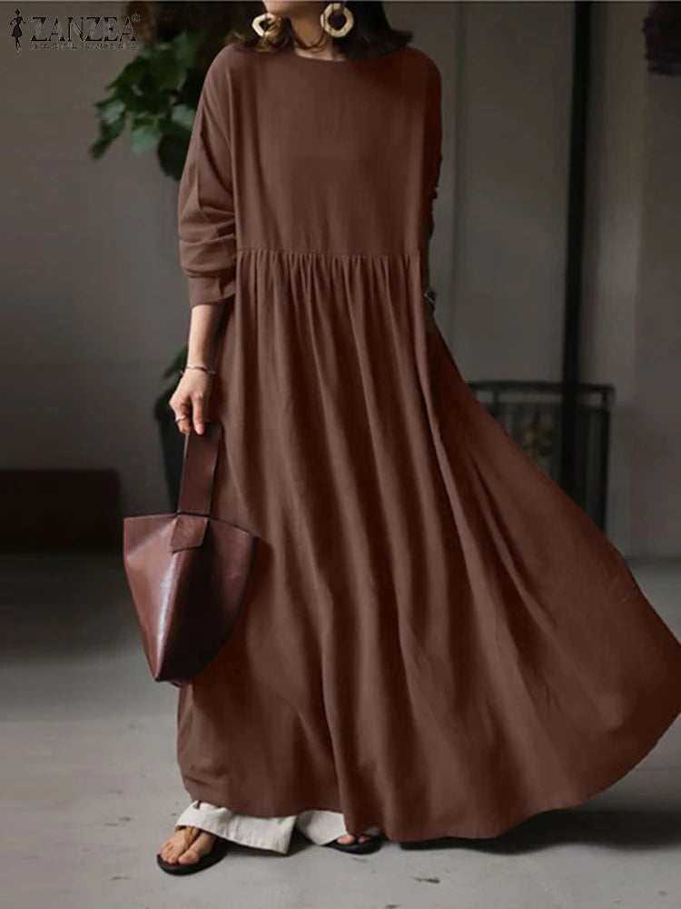 Autumn Women Sundress ZANZEA 2023 Vintage Solid Dresses Female Cotton Robe Casual Long Sleeve Pleated Maxi Vestidos Kaftan