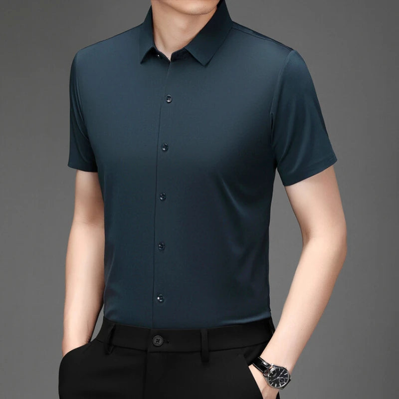 Men's Ultra Stretch Short Sleeve Shirt Business Casual  Breathable Stretchable Abrasion-Resistant Solid Color Short Sleeve Shirt