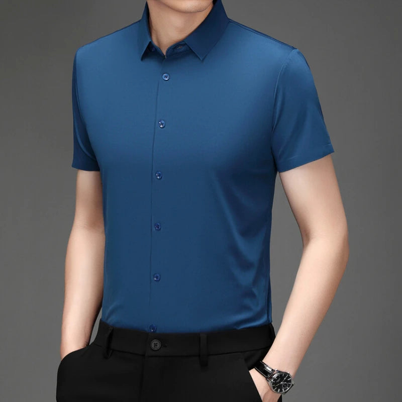 Men's Ultra Stretch Short Sleeve Shirt Business Casual  Breathable Stretchable Abrasion-Resistant Solid Color Short Sleeve Shirt