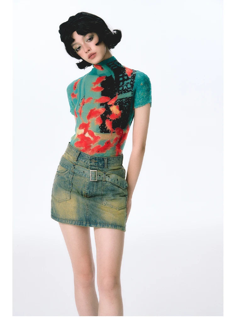 Women Bodycon T-Shirts Short Sleeve Tie Dye Tees Stretch Crop Tops Goblin Core 2000s Coquette Gyaru Aesthetic Kpop Kawaii Summe