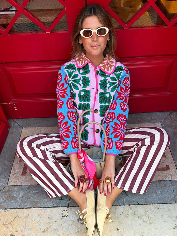 Women's Fashion Print Panelled Quilted Cotton Jacket Long Sleeve Pocket Cardigan Coat 2025 Autumn Winter Daily Casual Outerwear