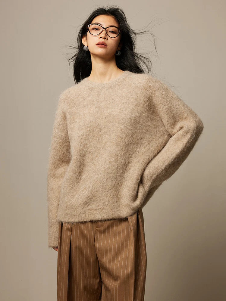 SuyaDream Warm Alpaca Pullovers for Woman, Dropped Sleeved Loose Sweaters, 2025 Fall Winter Top, Camel, Beige