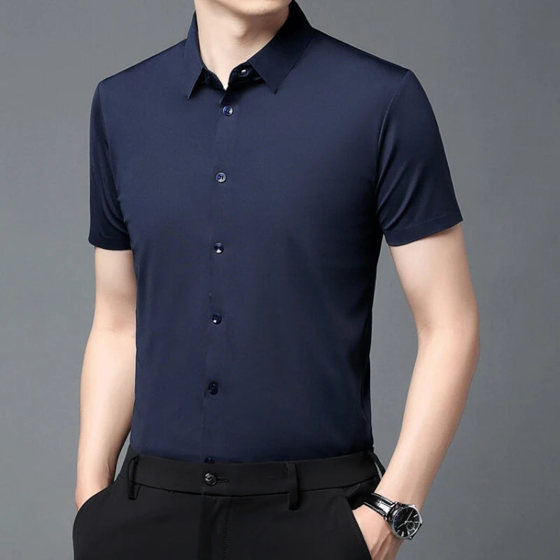 Men's Ultra Stretch Short Sleeve Shirt Business Casual  Breathable Stretchable Abrasion-Resistant Solid Color Short Sleeve Shirt