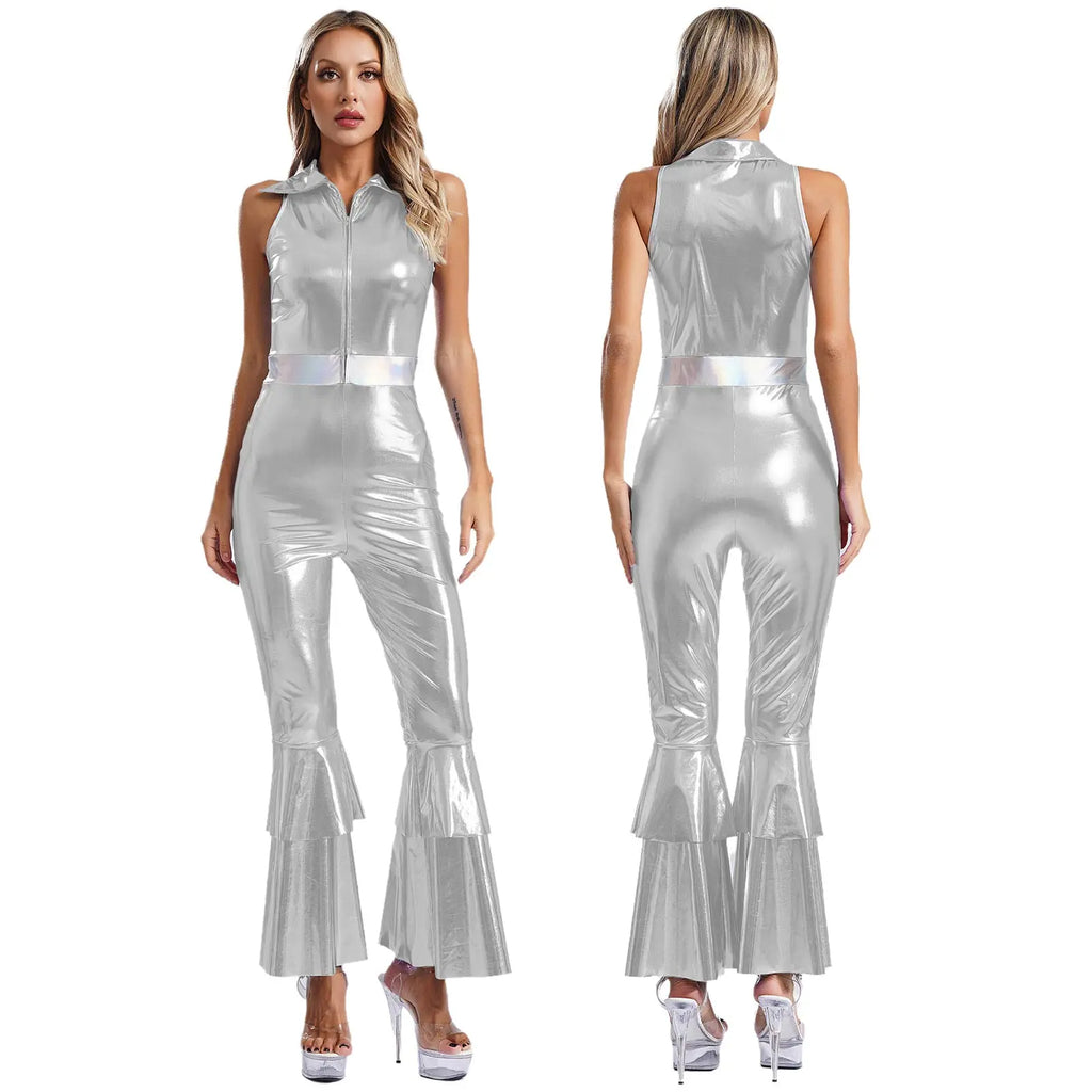 Womens 70S Disco Vintage Jumpsuit Metallic Shiny Flare Sleeve Bodysuit Hippie Bell Bottom Jazz Dance Carnival Rave Party Costume