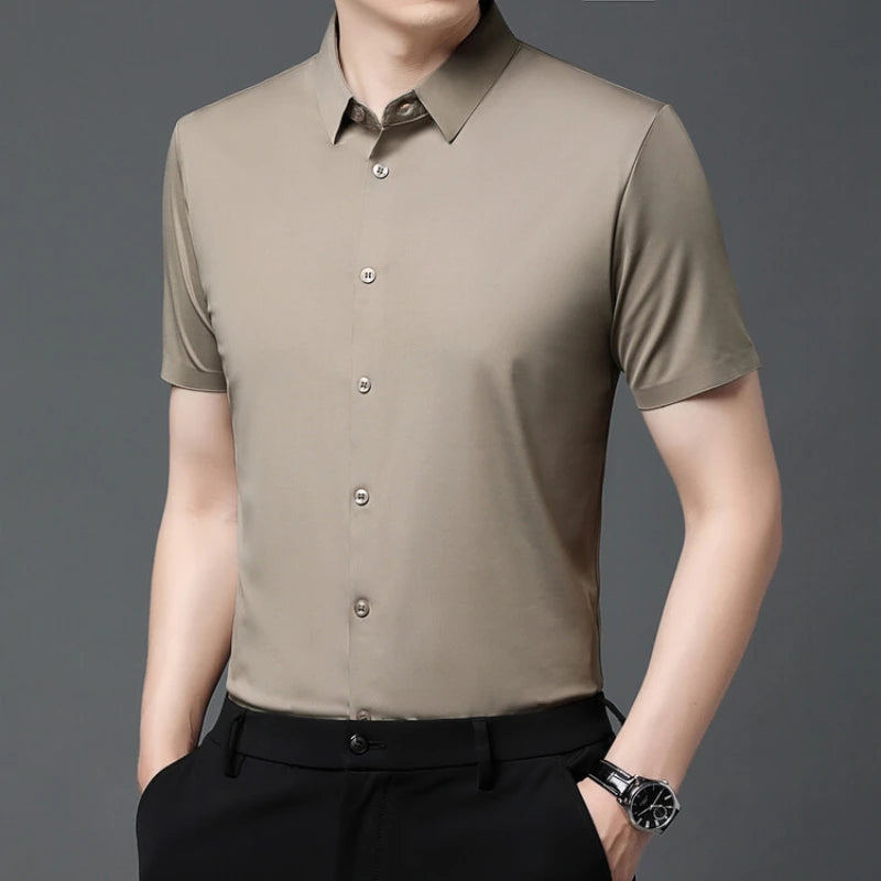 Men's Ultra Stretch Short Sleeve Shirt Business Casual  Breathable Stretchable Abrasion-Resistant Solid Color Short Sleeve Shirt