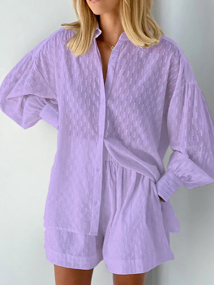 Women Jacquard Puff Sleeves Two Piece Sets for Summer Fashion Loose Shorts and Long Sleeved Shirt Outfits